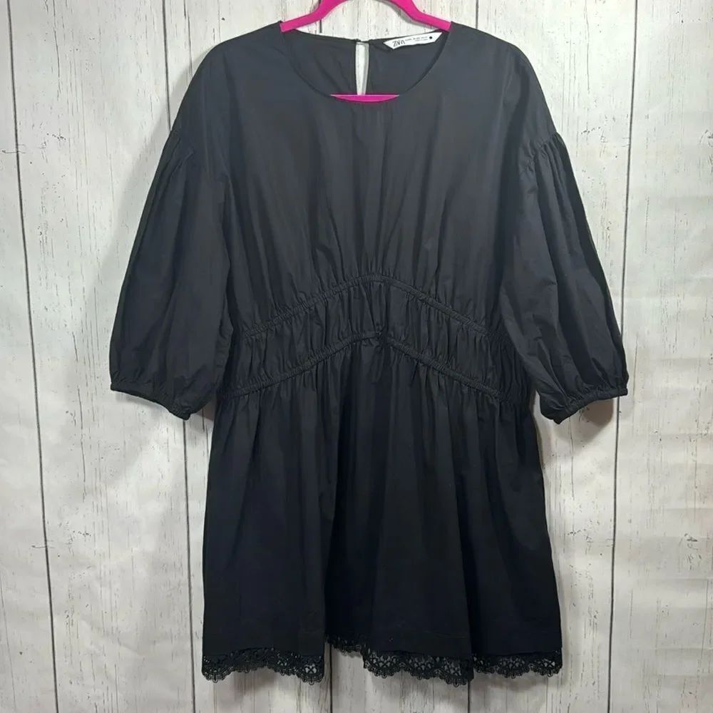 Zara Black Poplin Babydoll Mini Dress XXL Cottagecore Puff Sleeve Oversized